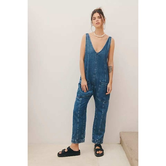 Free People Pants - Free People High Roller Jumpsuit Womens Blue Denim Relaxed Boho Size M Overall